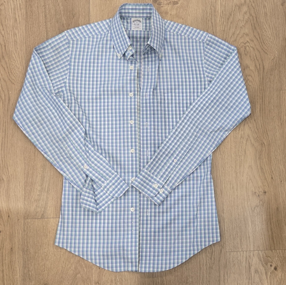 Brooks Brothers Non-iron, Extra Slim Fit Light Blue Checkered Dress Shirt
